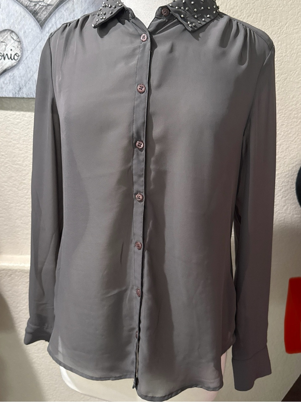Guess Gray Sheer Studded-Collar Button-Up Blouse